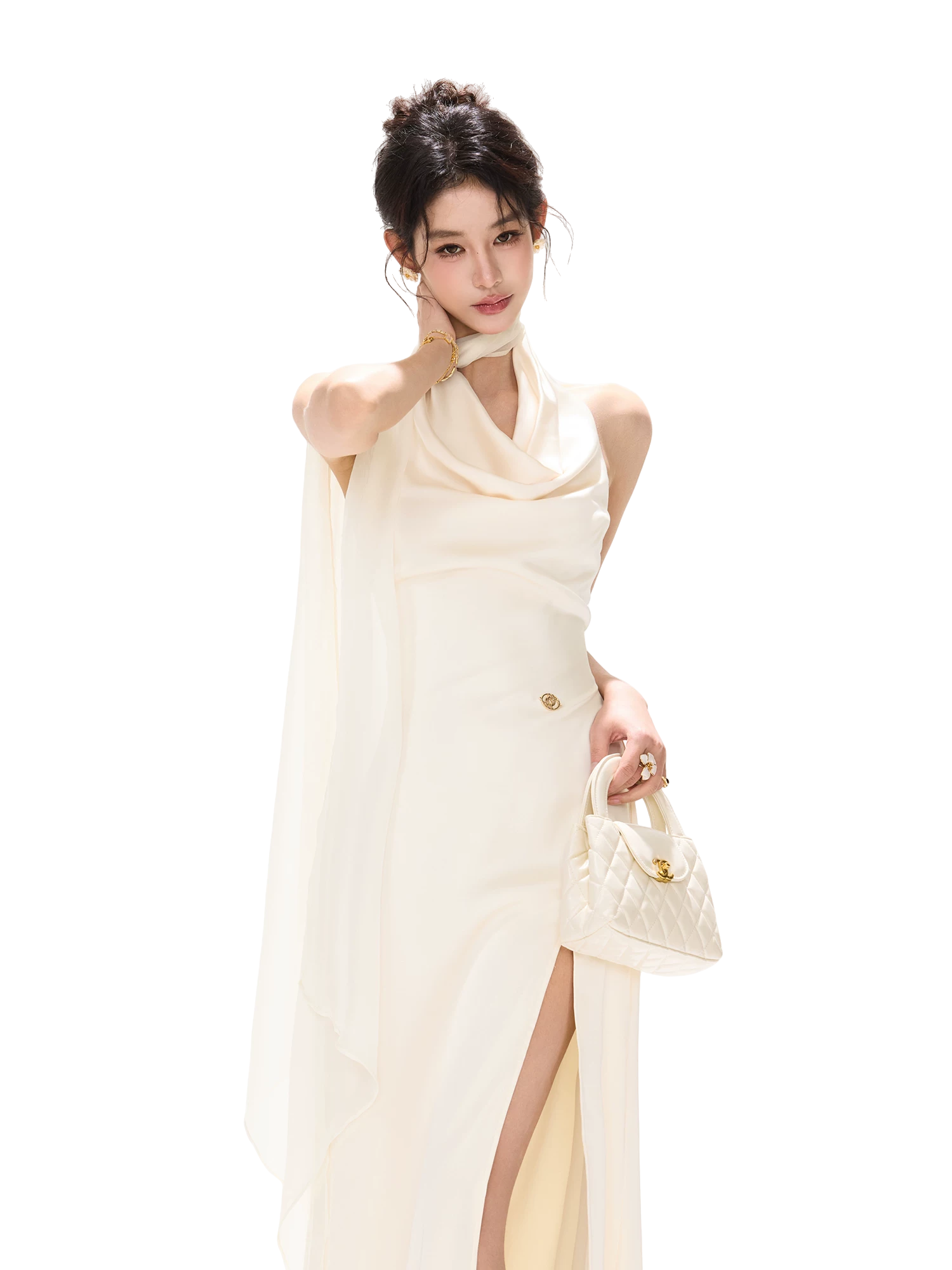 French Style One-Shoulder Backless Halter Long Dress