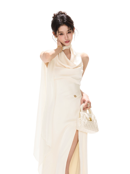 French Style One-Shoulder Backless Halter Long Dress