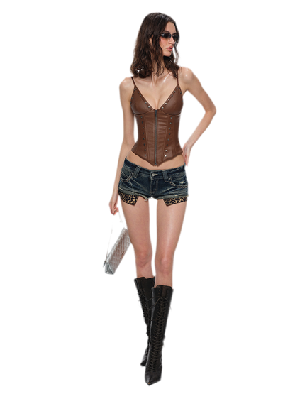 Washed Leopard Denim Shorts