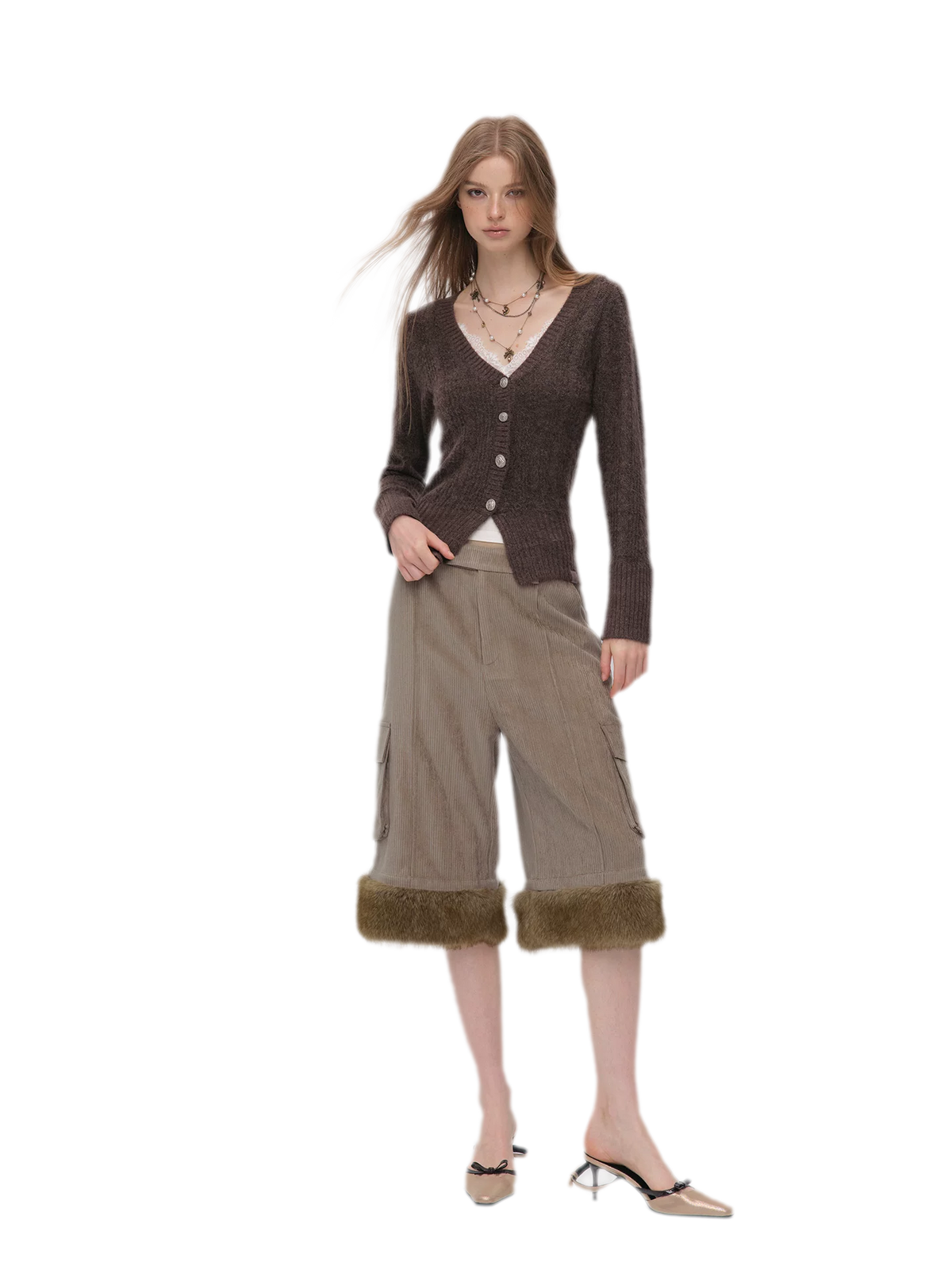 Chenille Cargo Cropped Wide-Leg Pants