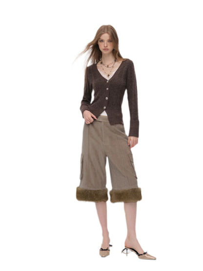 Chenille Cargo Cropped Wide-Leg Pants