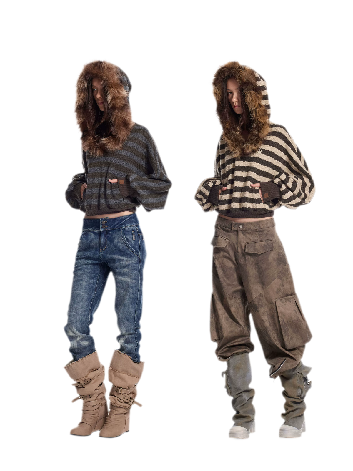 Striped Faux-Fur Collar Sweater