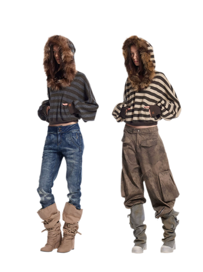 Striped Faux-Fur Collar Sweater