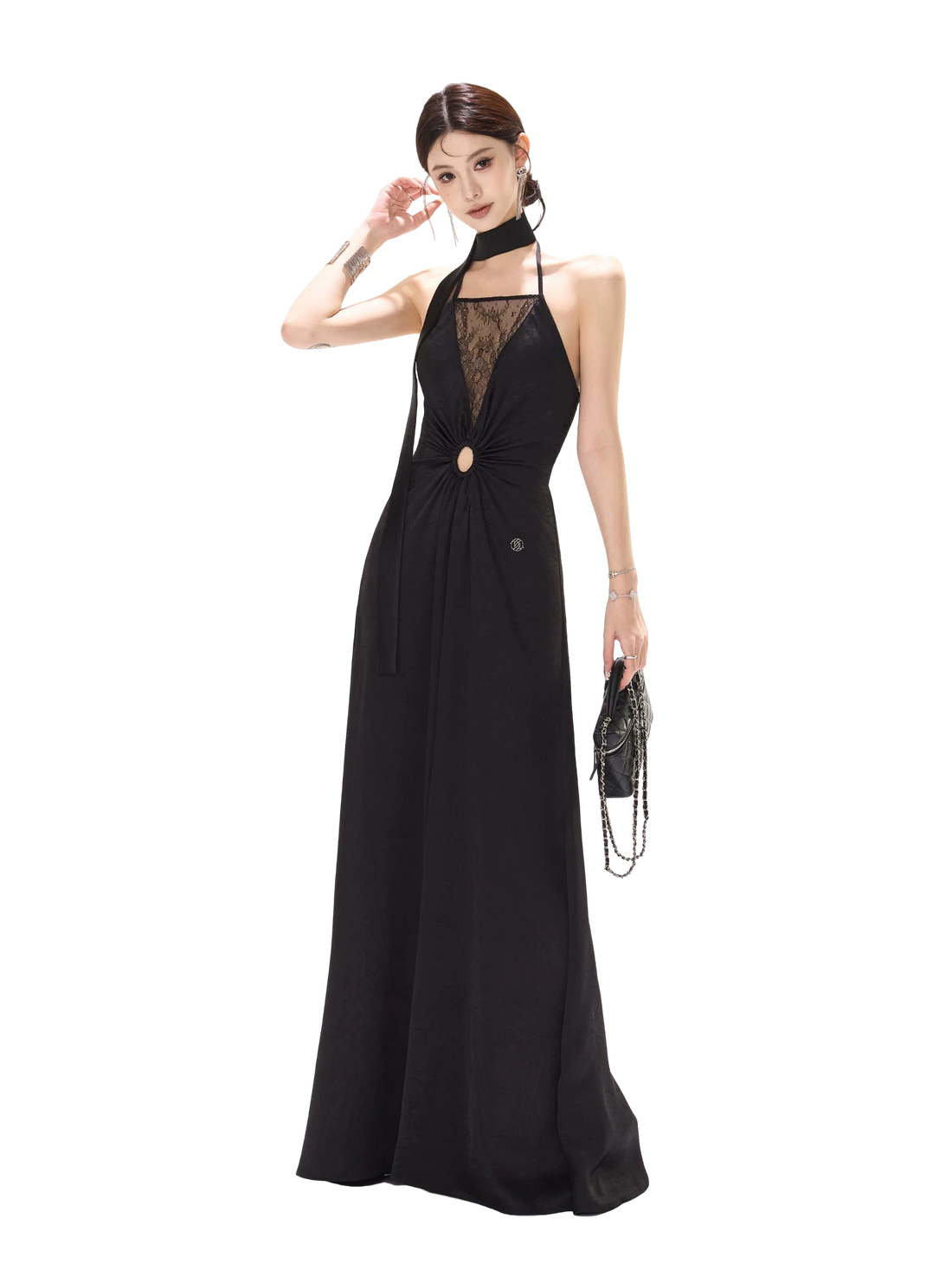 Mesh Lace Deep V Halter Dress with Satin