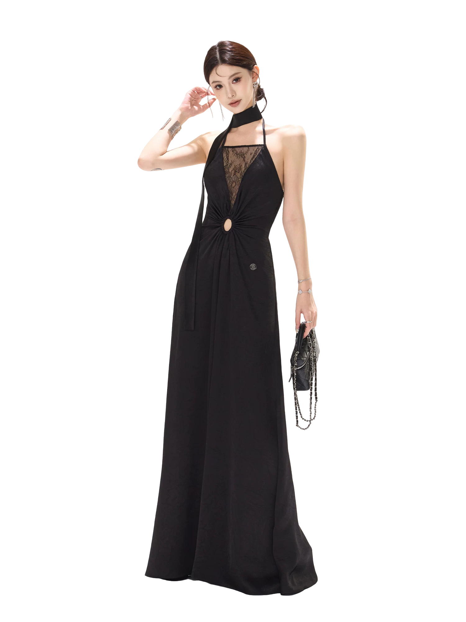 Mesh Lace Deep V Halter Dress with Satin