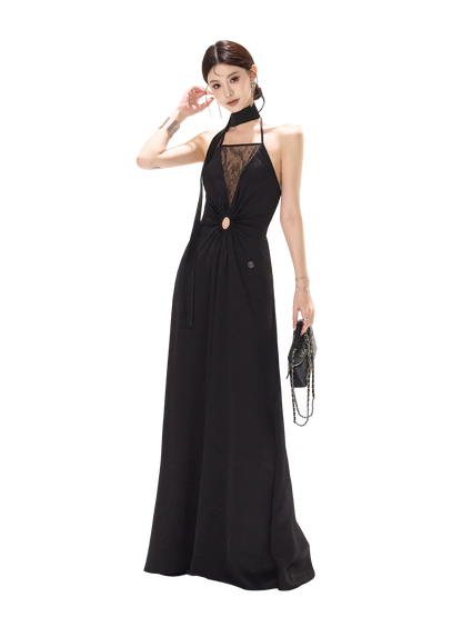 Mesh Lace Deep V Halter Dress with Satin