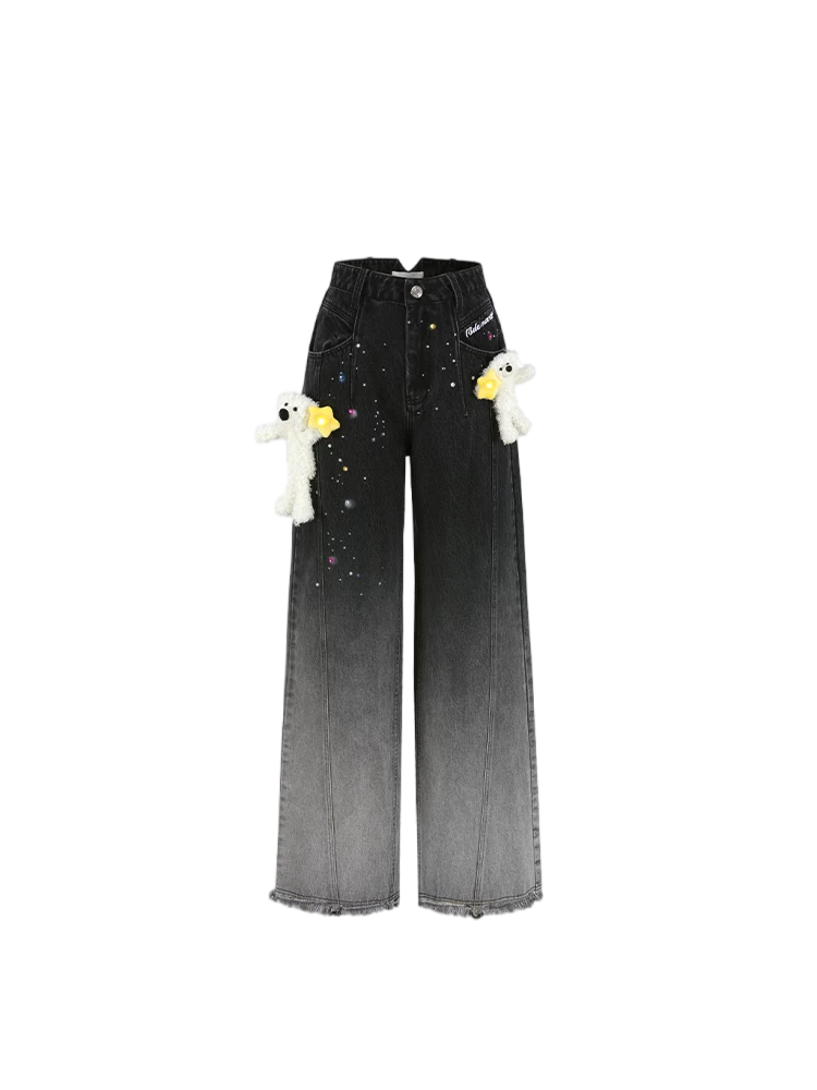 Unisex Glow Star Bear Wide-leg Casual Denim Pants