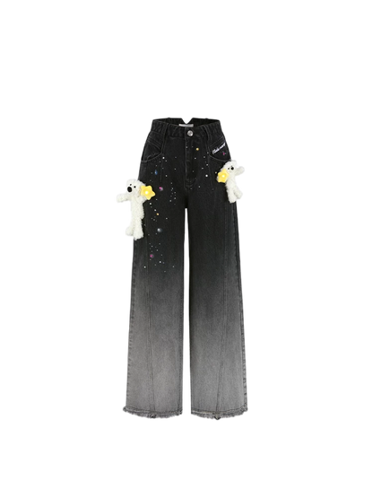 Unisex Glow Star Bear Wide-leg Casual Denim Pants