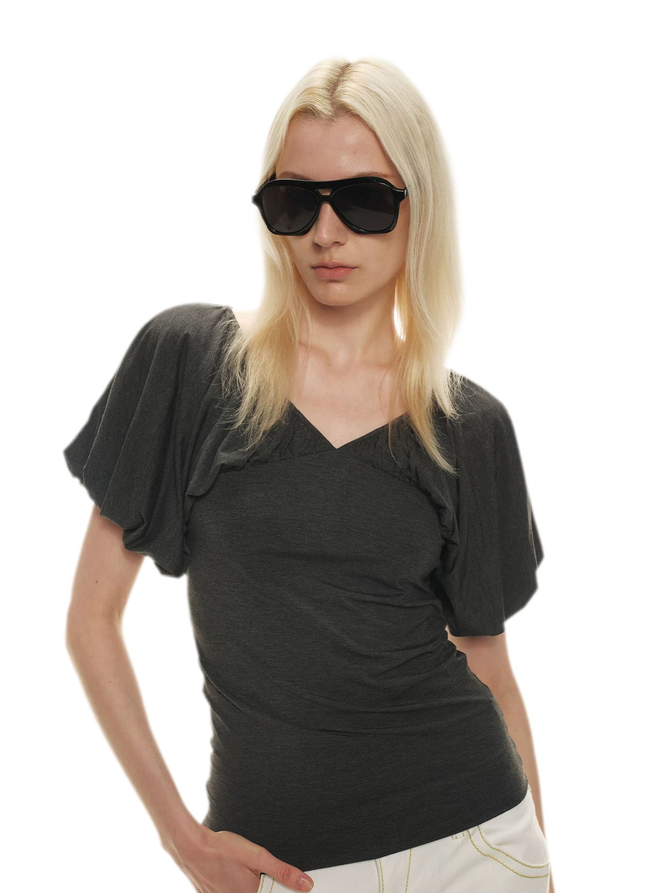 Soft Draped Puff Sleeve V-Neck Slim T-Shirt