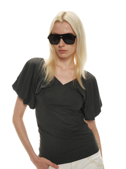 Soft Draped Puff Sleeve V-Neck Slim T-Shirt