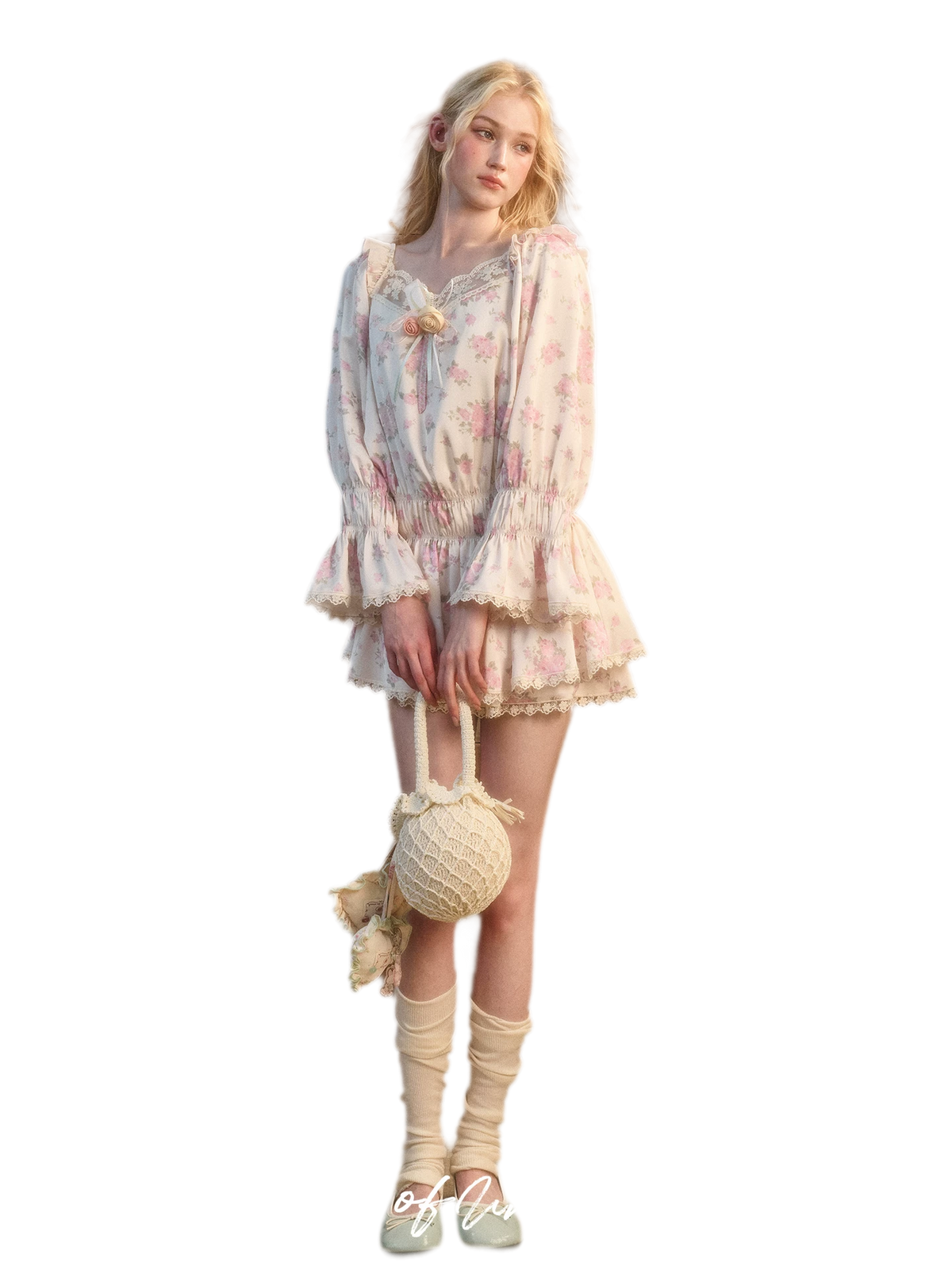 Floral Lace Puff-Sleeve Dress Set