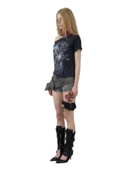 Graphic Waist-Cinched Short-Sleeve Top