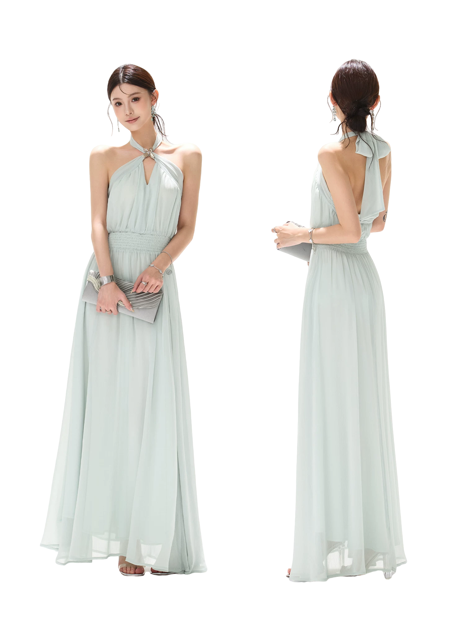 Misty Blue Halter Neck Chiffon Long Dress