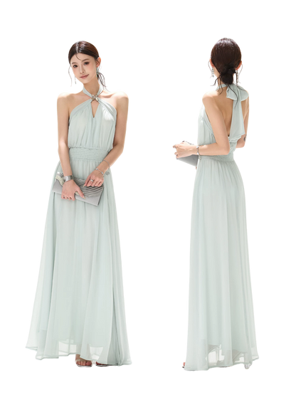 Misty Blue Halter Neck Chiffon Long Dress