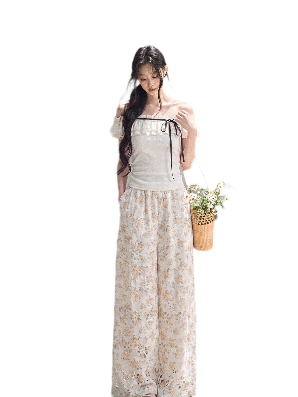 Laser-Cut Floral Wide-Leg Pants