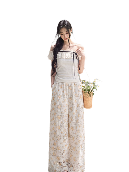 Laser-Cut Floral Wide-Leg Pants