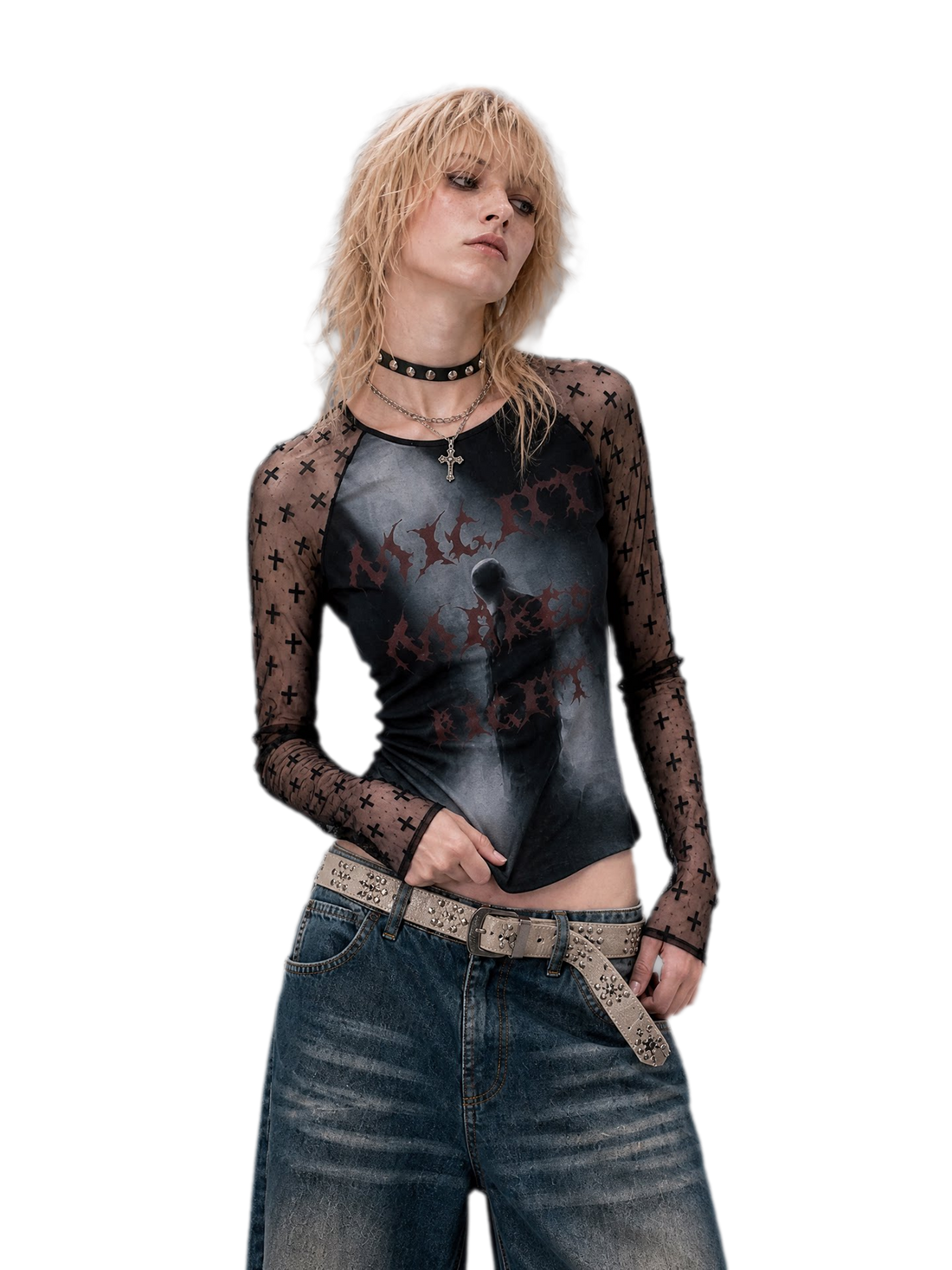 Sheer Graphic Cropped Long-Sleeve Tee