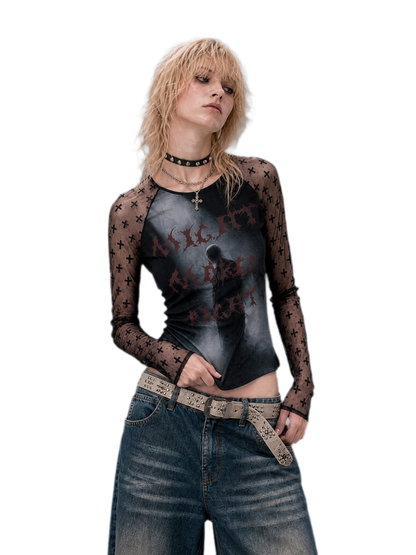 Sheer Graphic Cropped Long-Sleeve Tee
