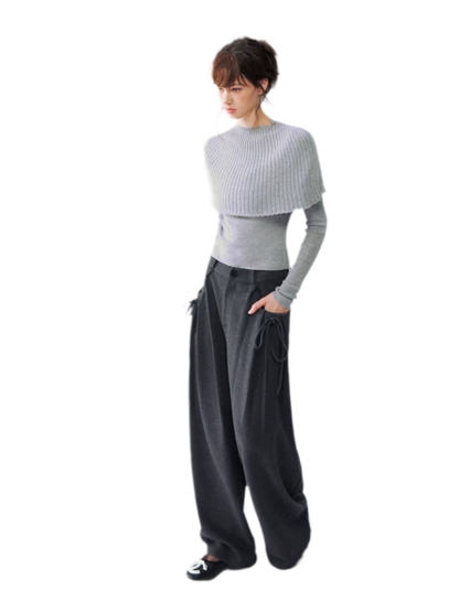 울 혼방 플리츠 와이드 레그 팬츠