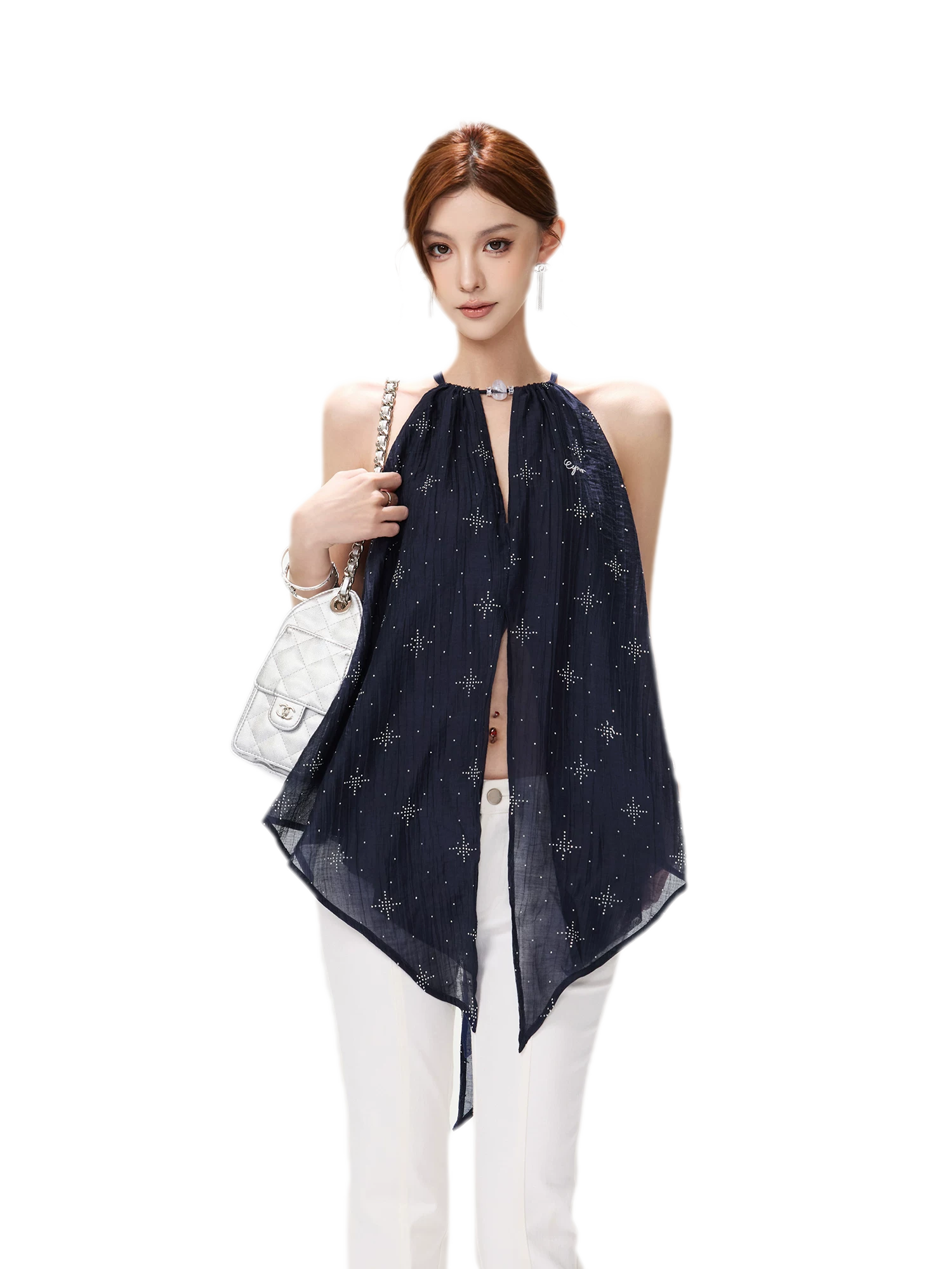 Rhinestone Asymmetric Halter Chiffon Top