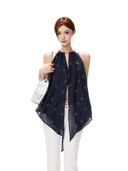 Rhinestone Asymmetric Halter Chiffon Top