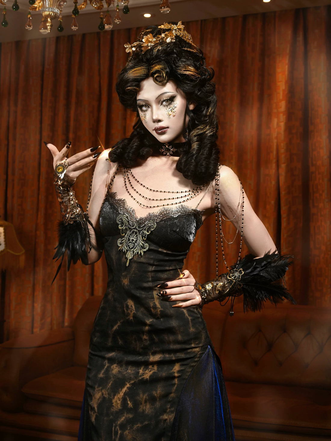 Gold Jacquard A-Line Evening Dress