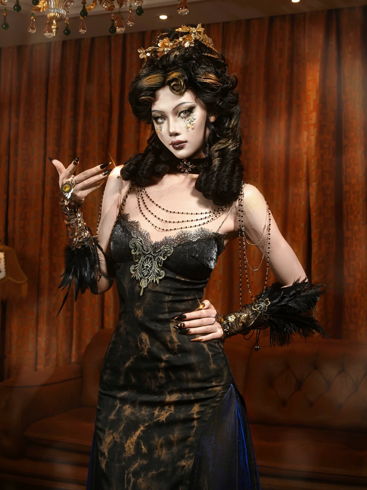 Gold Jacquard A-Line Evening Dress