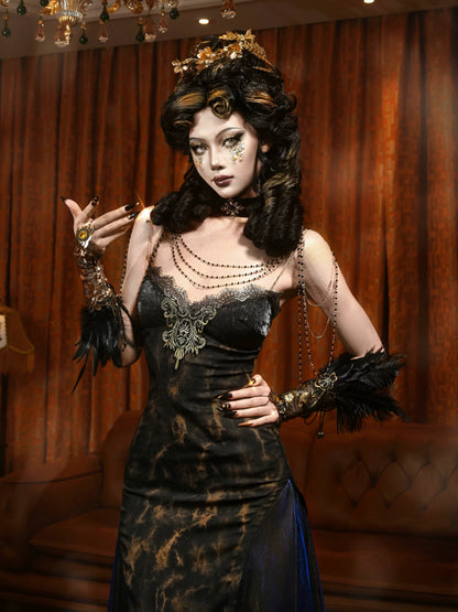 Gold Jacquard A-Line Evening Dress