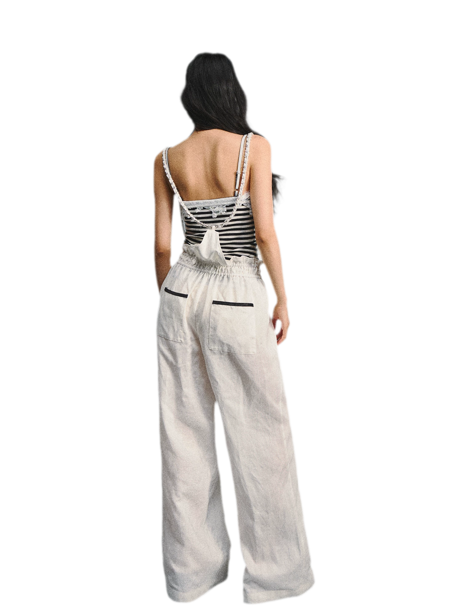 Tencel Linen Contrast Satin Trim Wide-Leg Pants