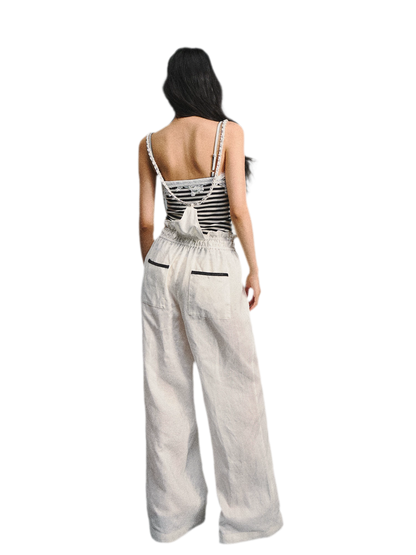 Tencel Linen Contrast Satin Trim Wide-Leg Pants