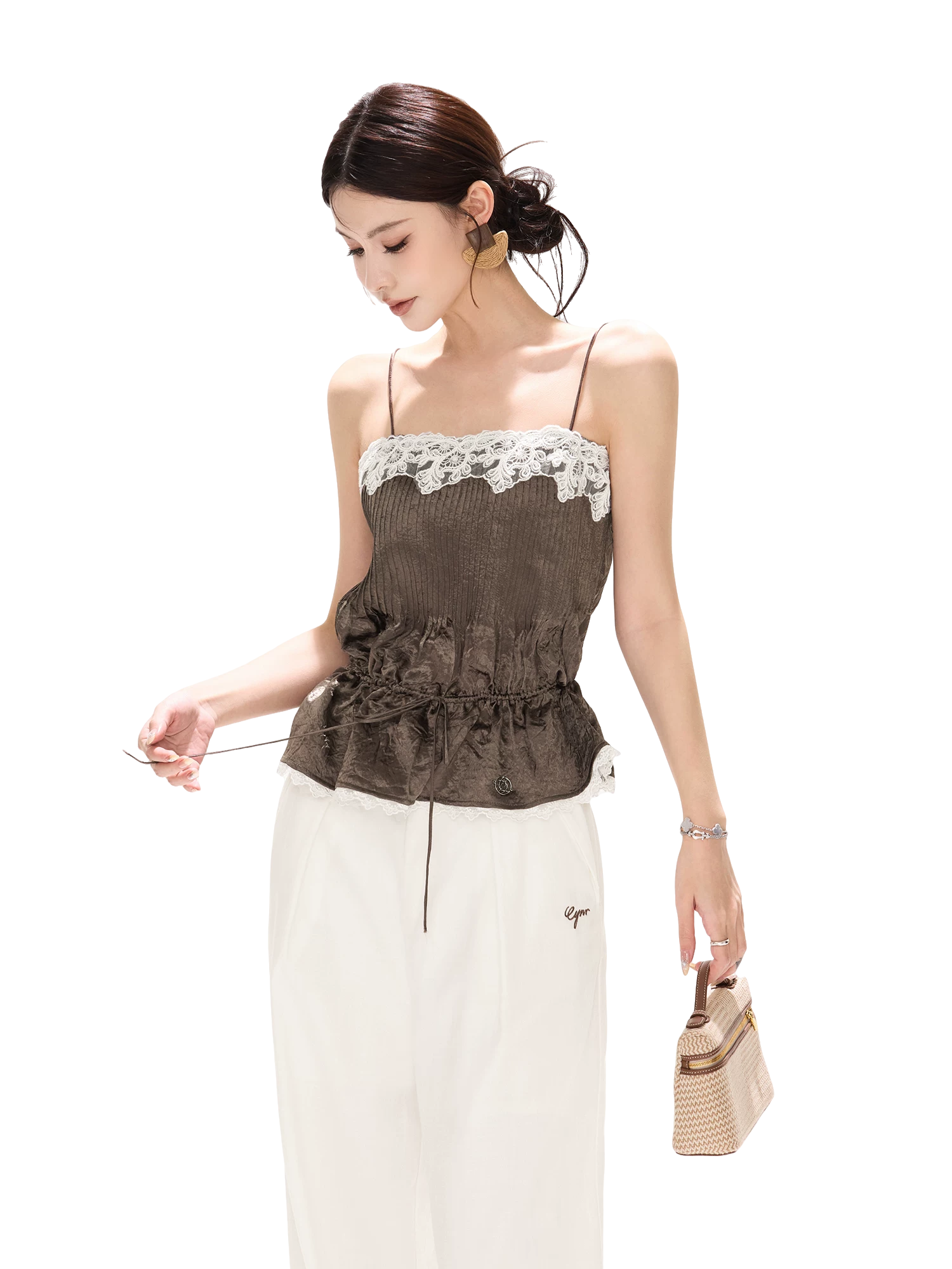 South France Holiday Contrast Lace Trim Ruffle Camisole
