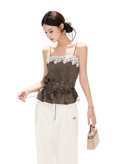 South France Holiday Contrast Lace Trim Ruffle Camisole