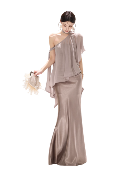 Elegant Asymmetric Chiffon Shawl Top with Built-in Bustier