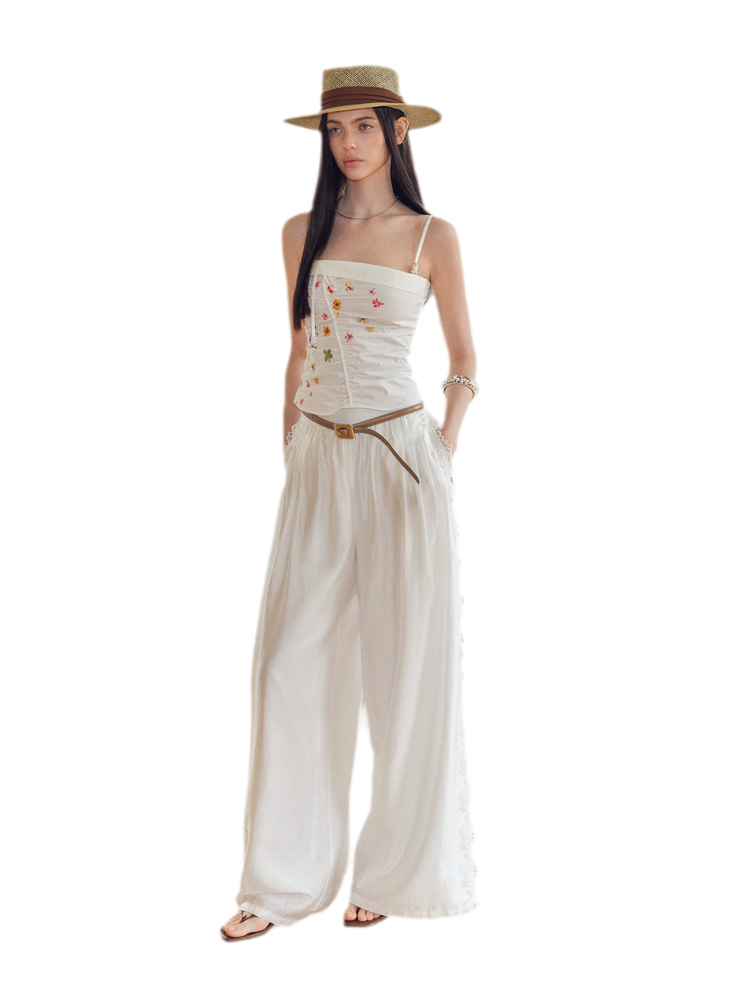 Summer Tencel Wide-Leg Pants with Lace Trim