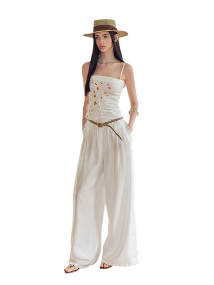 Summer Tencel Wide-Leg Pants with Lace Trim
