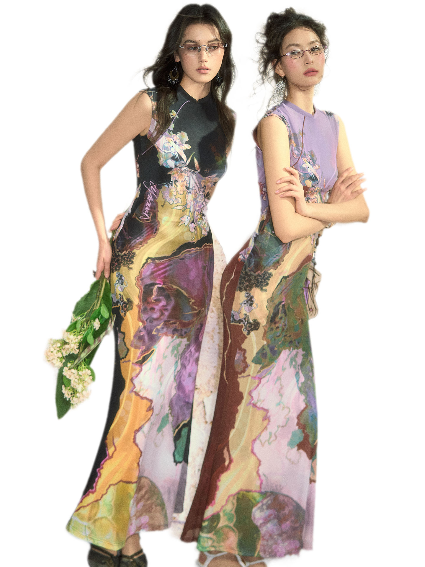 Tri-color Reversible Printed Qipao Dress