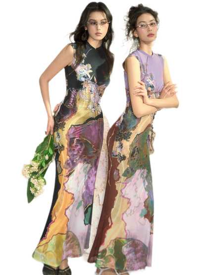 Tri-color Reversible Printed Qipao Dress