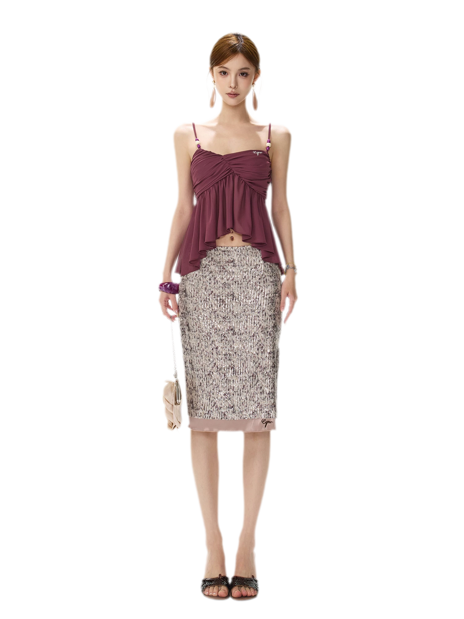 Purple Sequin Slit Skirt
