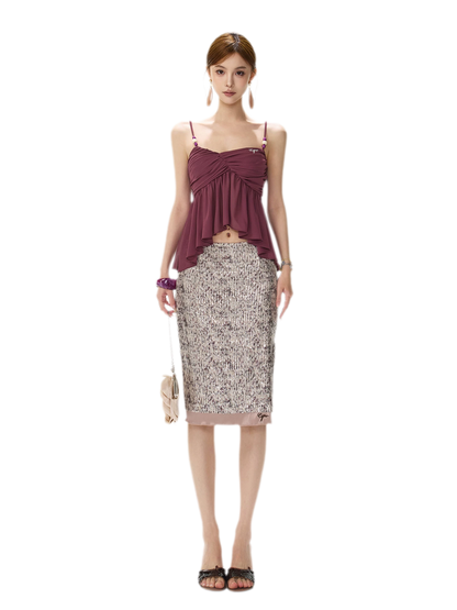 Purple Sequin Slit Skirt