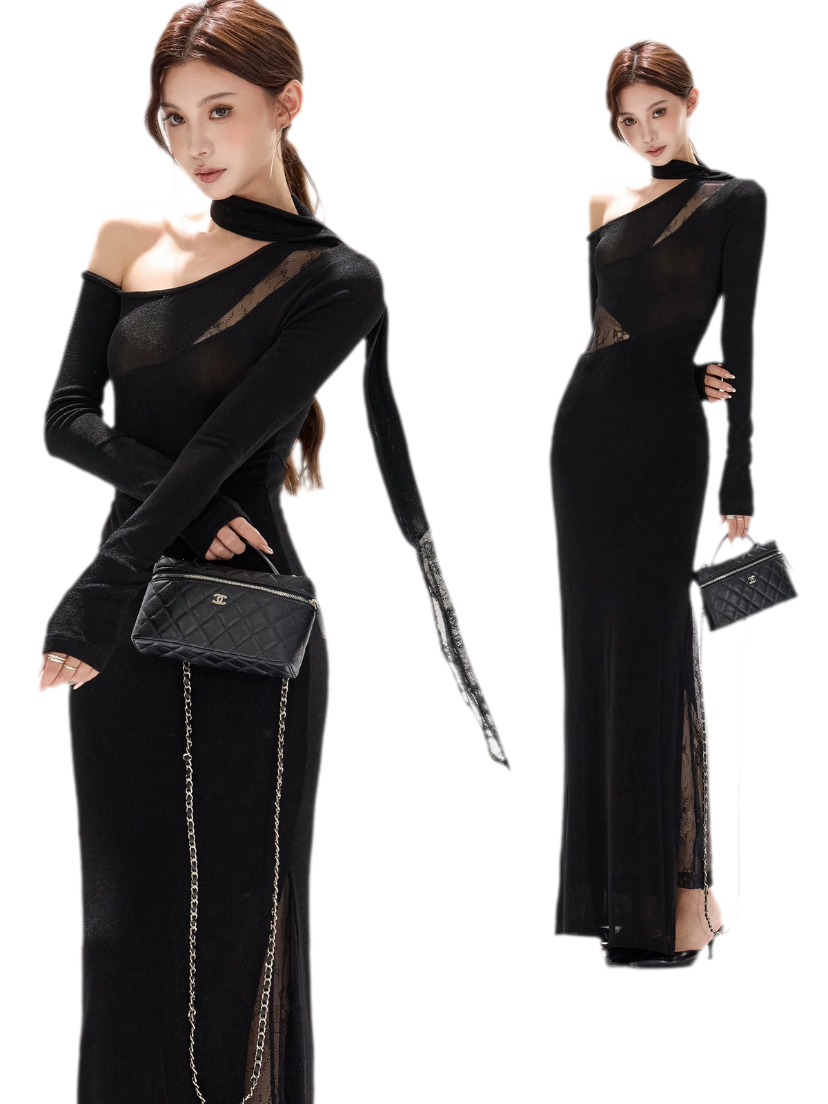 Schimmerndes asymmetrisches Spitzen-Strickkleid
