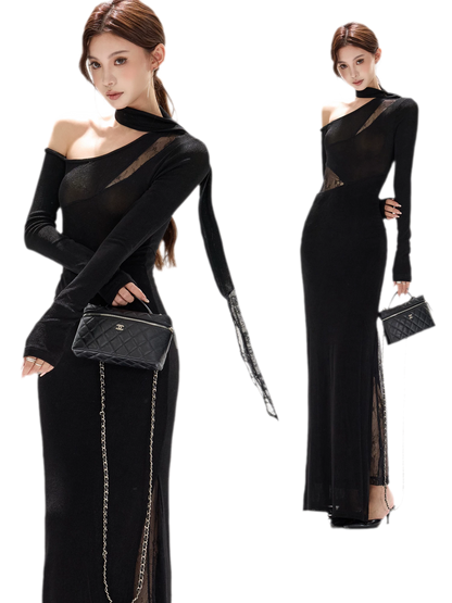 Schimmerndes asymmetrisches Spitzen-Strickkleid
