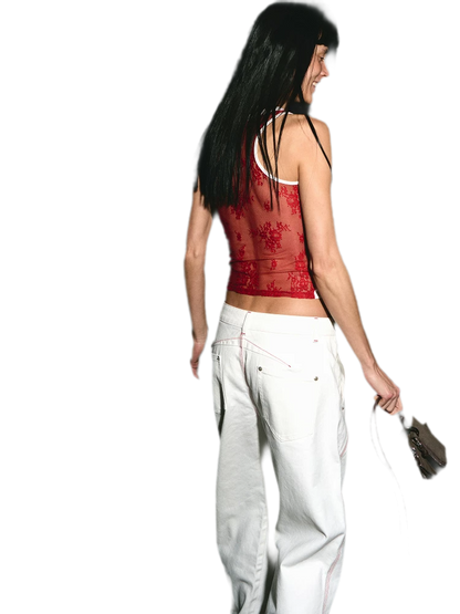 Lace Panel Slim Fit Striped Shoulder Vest Top