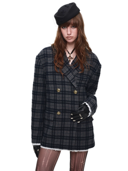 Vintage Plaid Double-Breasted Coat