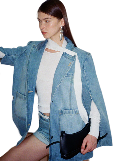 Washed Coated Denim Blazer