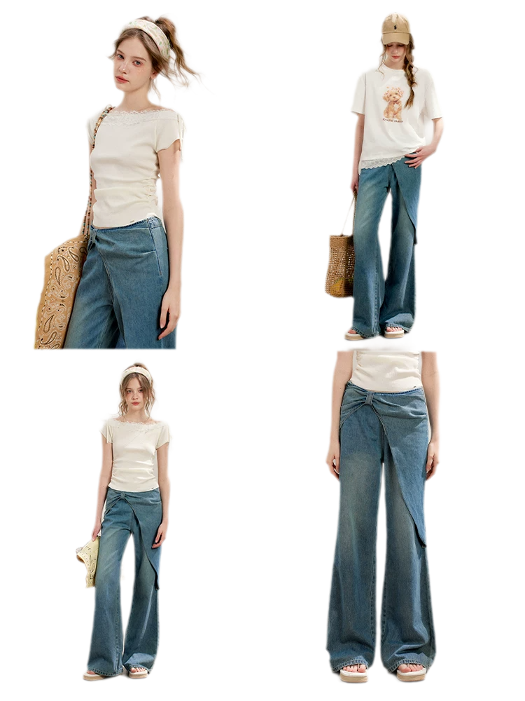 Soft Cotton Wide-Leg Jeans with Bow Detail