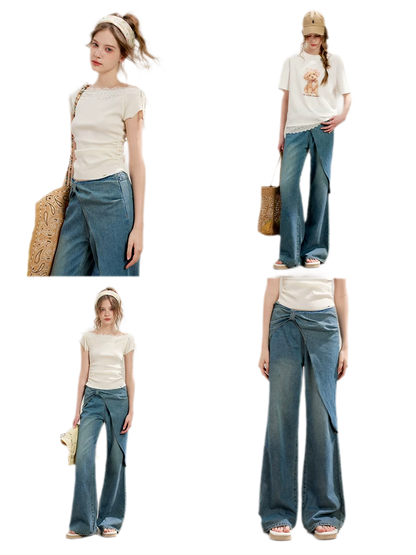 Soft Cotton Wide-Leg Jeans with Bow Detail