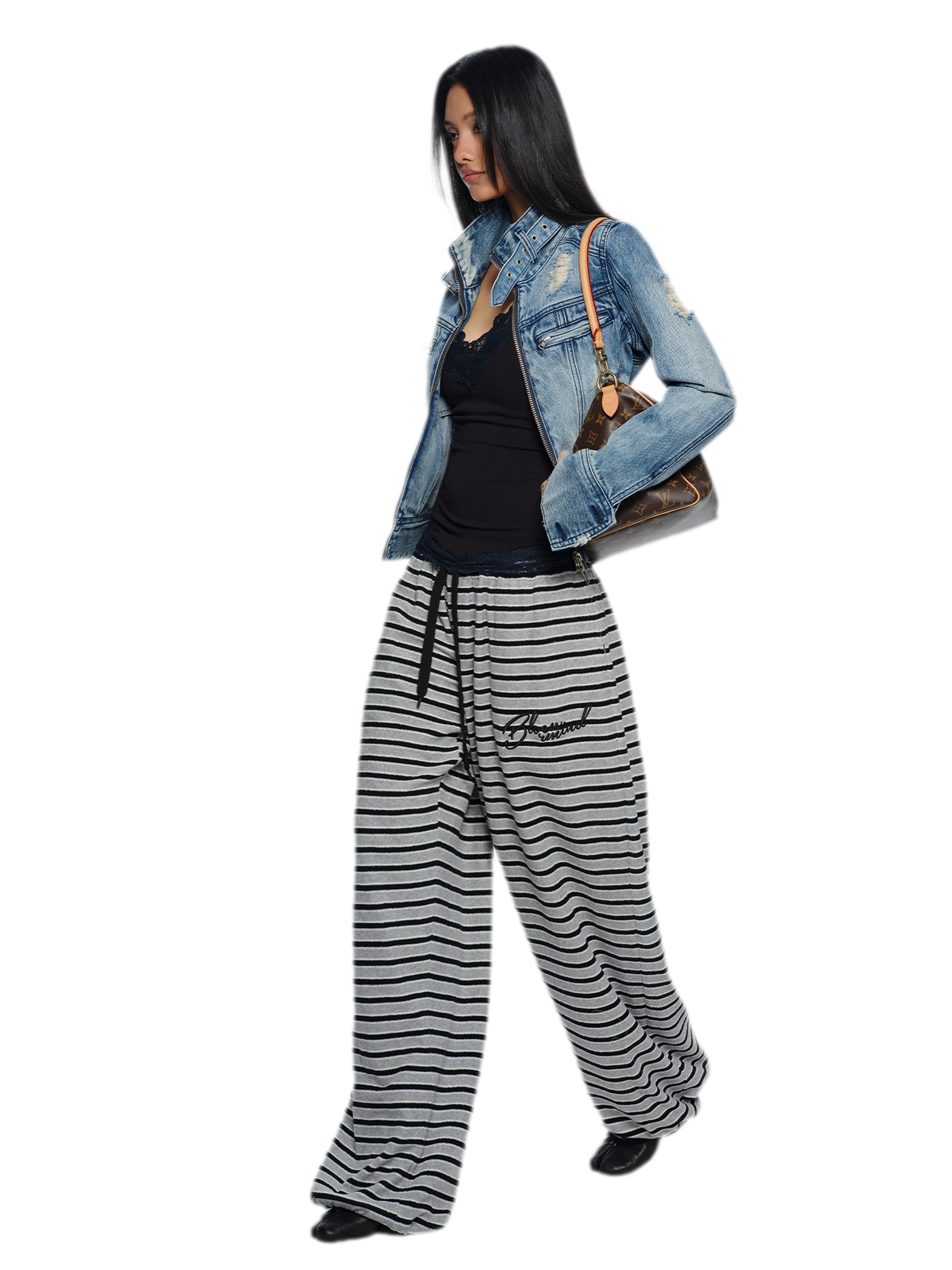 Embroidered Stripe Wide-Leg Pants