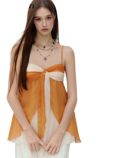 Color Catcher Irregular Contrast Pleated Chiffon Camisole