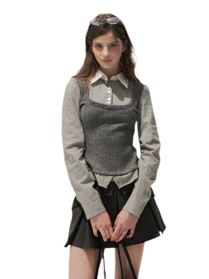 Cable-Knit Layered Shirt Vest