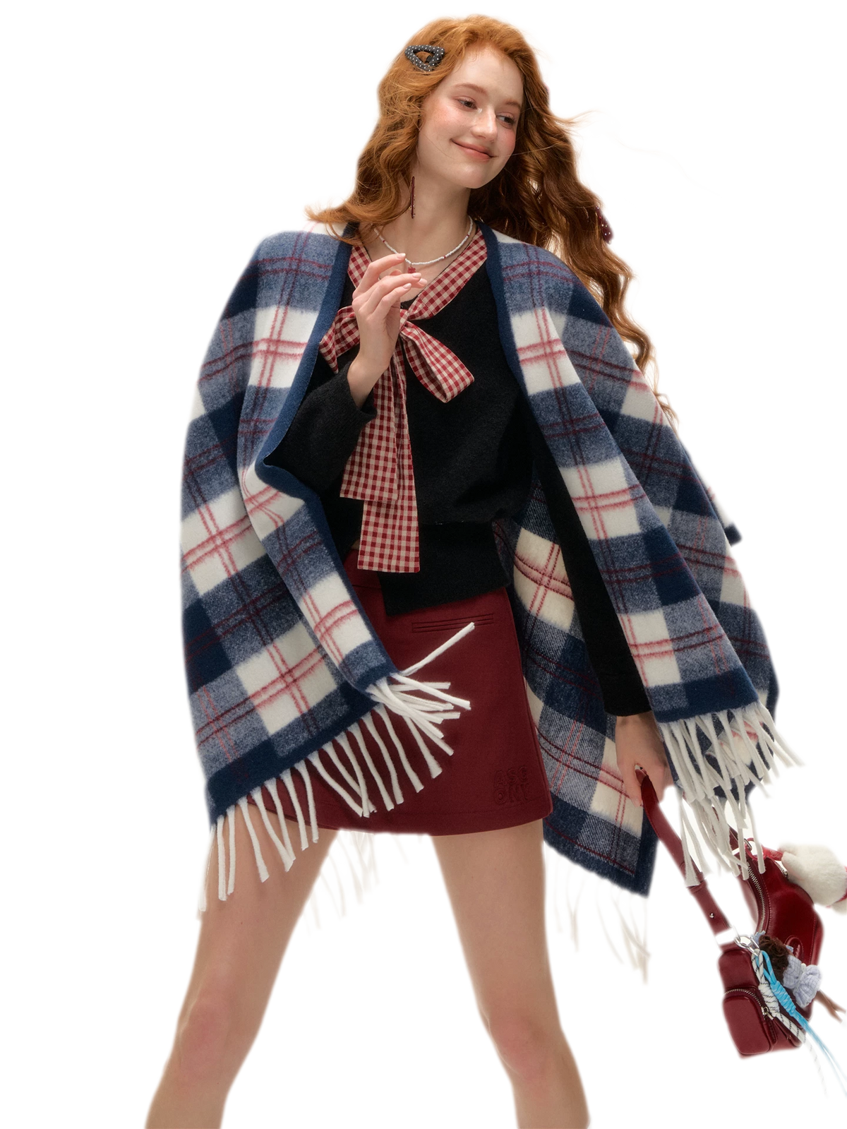 Vintage Plaid Fringed Shawl